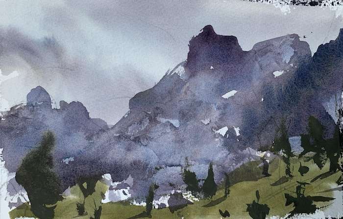 Simple watercolor landscape with mountains