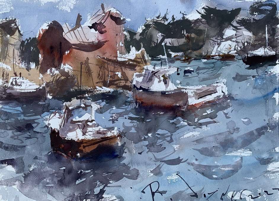 Loose watercolor landscape with harbor and boats by Robert Joyner