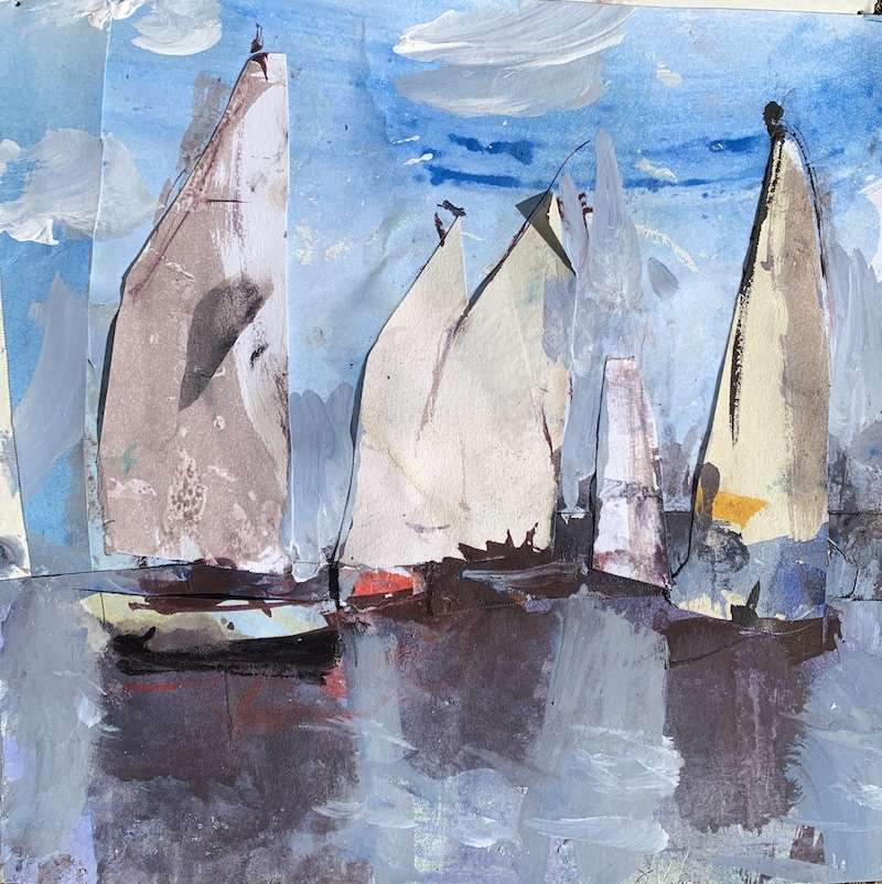 Sailboats with watercolor and collage