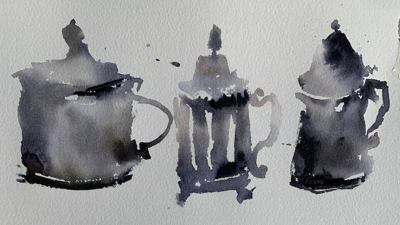 Tea pots and silver tea pitchers